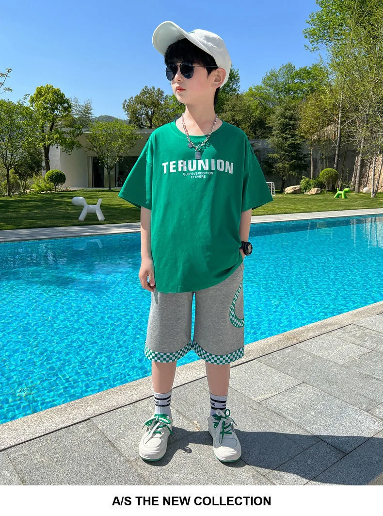 Boys cotton cartoon alphabet T-shirt with plaid shorts 2-piece outfit green 02