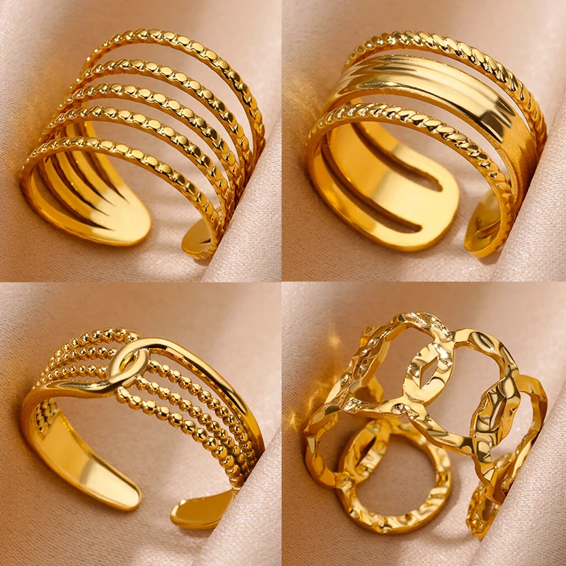 Stainless Steel Multi Layer Rings for Women Vintage Punk Open Adjustable Finger Ring Fashion Jewelry Wedding Birthday Gift 2024