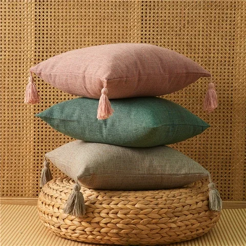 

Linen Pilllow Cover With Tassels Soft Cushion Cover For Living Room Pillowcase 45*45 Decorative Pillows Nordic Home Decor