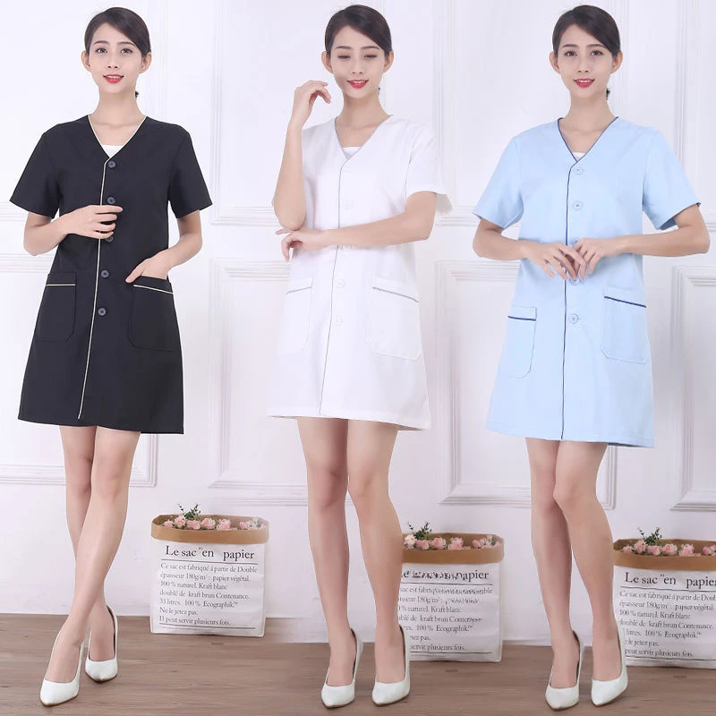 

Black Beautician Tops Short Beauty Uniform Dress Spa Uniform Scrub Uniform White Plus Size Salon Grooming Clothes Lab Coat Logo