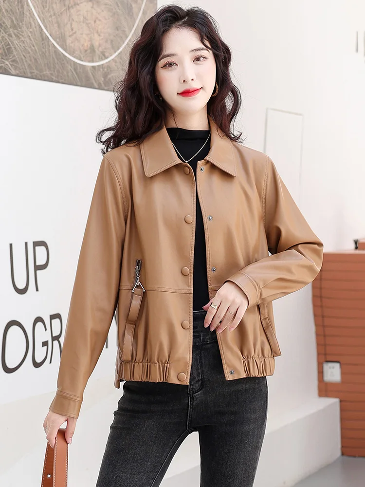 New Women Short Leather Coat Autumn Winter Casual Fashion Turn-down Collar Plus Cotton Liner Warm Slim Sheep Leather Jacket