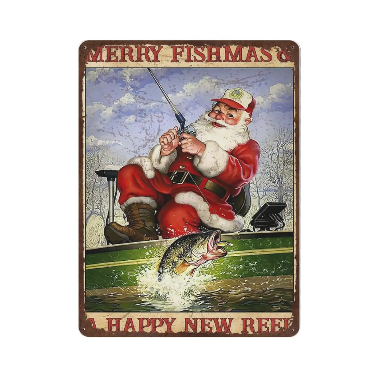 

Antique Durable Thick Metal Sign，Christmas Fisherman Tin Sign, Merry Fishmas And A Happy New Reel Tin Sign，Vintage Wall Decor，No