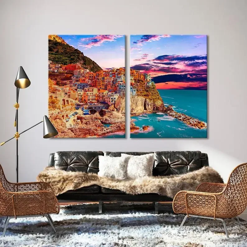 

Town Of Manarola Sea Color Sky итальянская настенная Картина на холсте рассвет Закат Декор