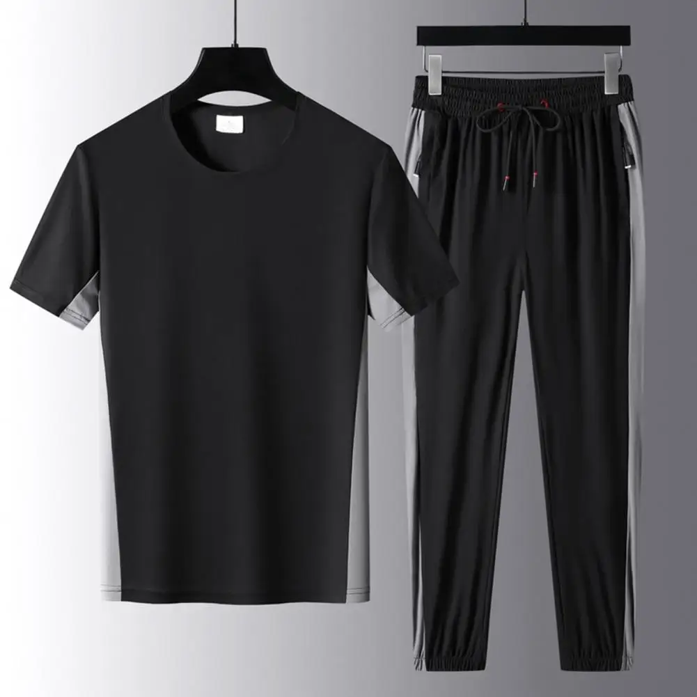 Summer Men Outfit Men Top Pants Solid Color Short Sleeve Shirts Shorts Elastic Waist Pockets Drawstring Sportswear Set for Daily