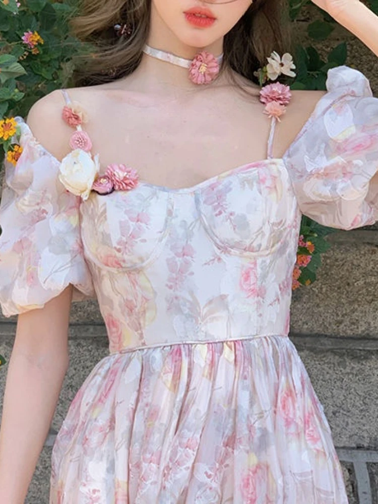 

2023 Summer French Floral Midi Dress Women Casual Elegant Vintage Short Sleeve Dress Party Beach Style One Piece Dress Korean