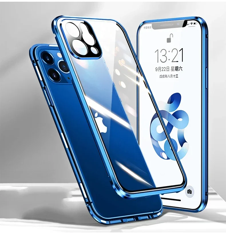 Sleek Magnetic Double-Sided Glass Phone Case with Metal Frame and Camera Lens Protection