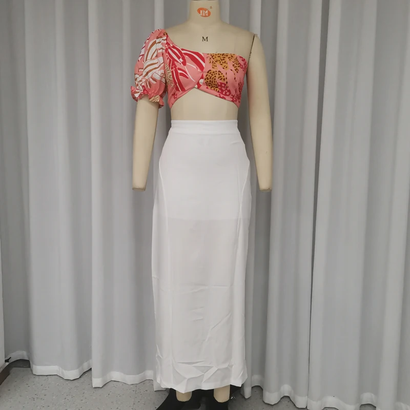 Wefads Women Two Piece Set Summer Fashion Printed One Shoulder Puff Sleeve Irregular Pullover Top A Line Long Solid Skirt Sets