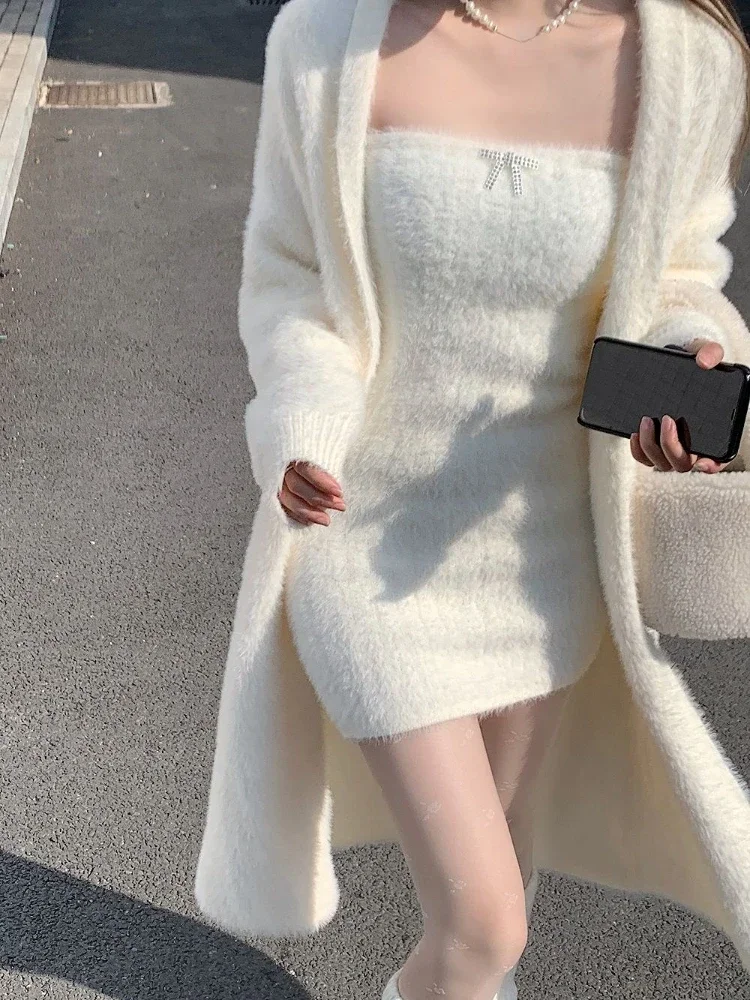

2023 Winter Knitted Suits Women Y2k Clothing Korean Fashion 2 Piece Dress Sets Female Casual Cardigan Coast + Mini Dress Vintage