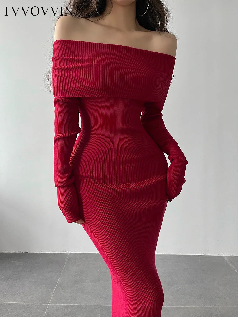 TVVOVVIN Slash Neck Tight Long Skinny Hip Long Sleeve Maxi