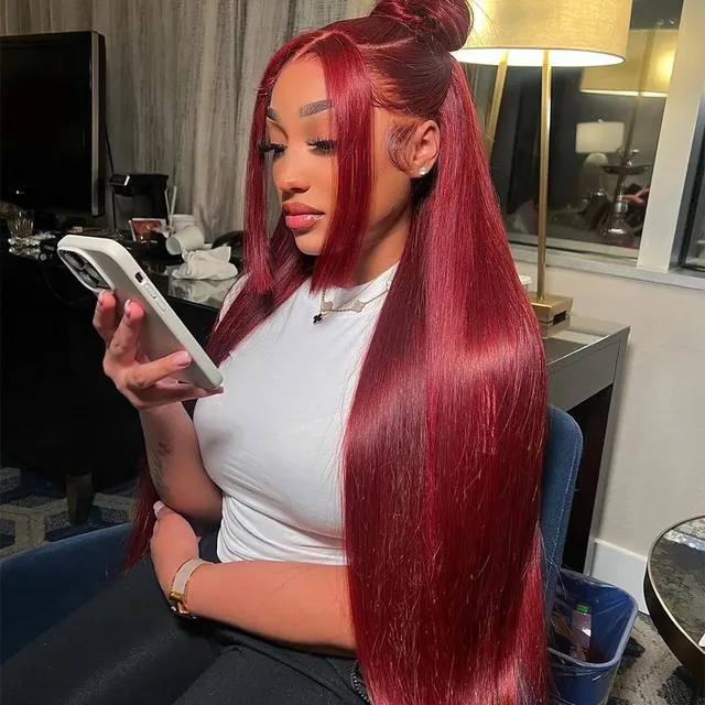 Straight Red 99J Burgundy Color Synthetic 13X4X1 HD Lace Frontal Wig Prepucked Baby Hair Bleach Knots Glueless Wig Daily Party 3
