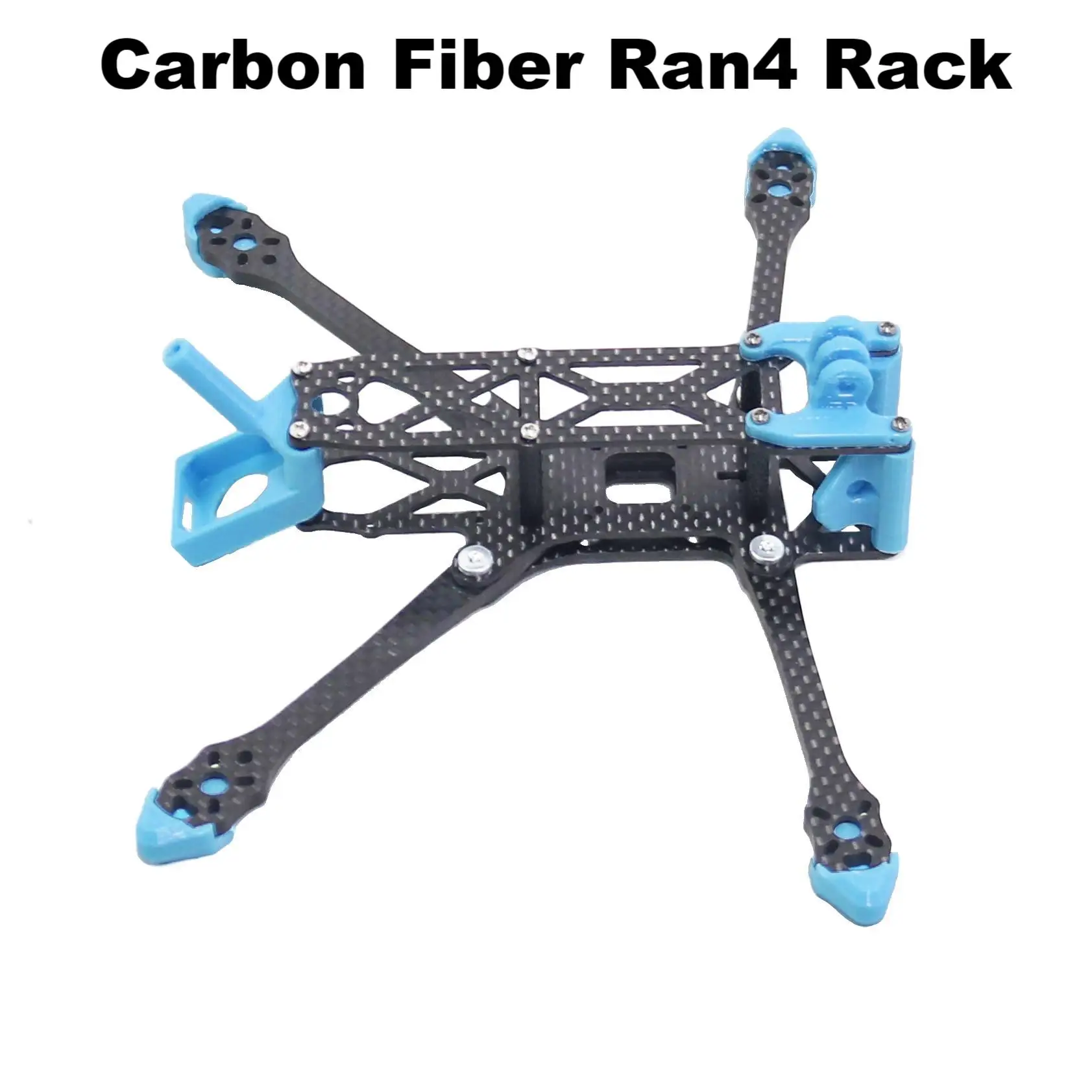 Châssis drone FPV 4 pouces en fibre de carbone, angle montrant les trous de montage et l'espace pour la caméra.
