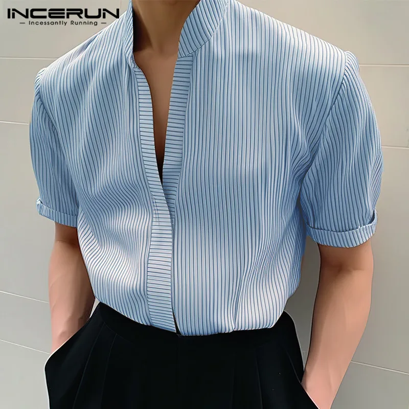 INCERUN Tops 2024 Korean Style New Men's Striped Stand Neck Design Shirts Leisure Streetwear Hot Sale Short Sleeved Blouse S-5XL 2