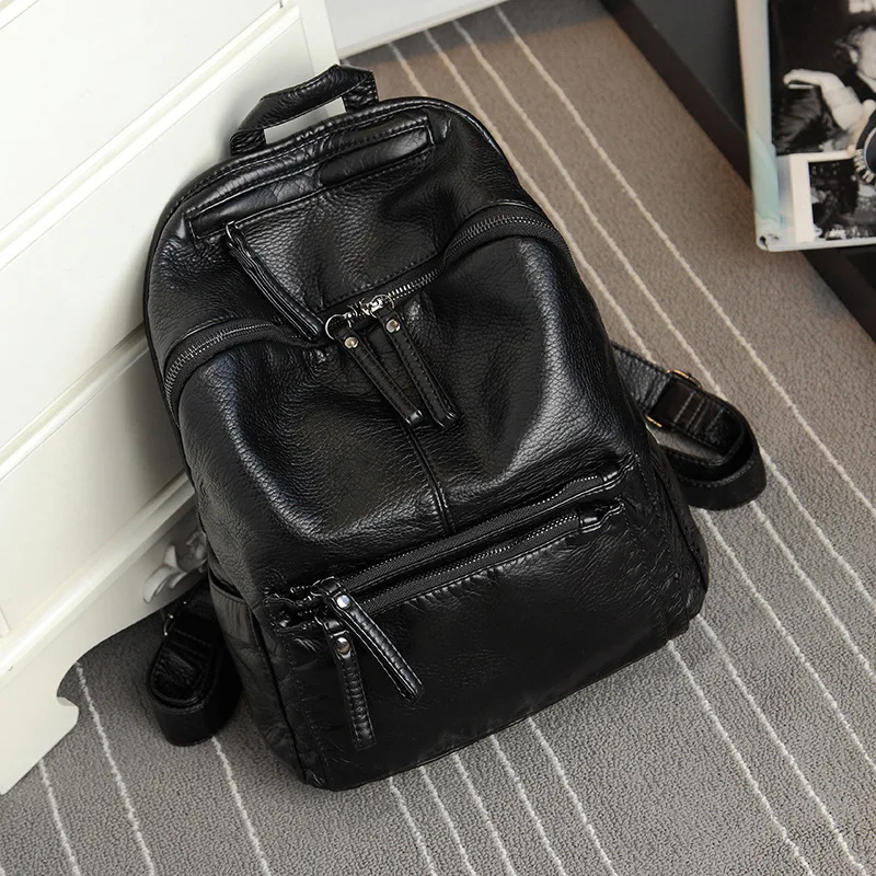 Black Knapsack Female 2024 New Soft Leather Backpack Tide Students School Bag High Street Leisure Travel Backpacks Korean