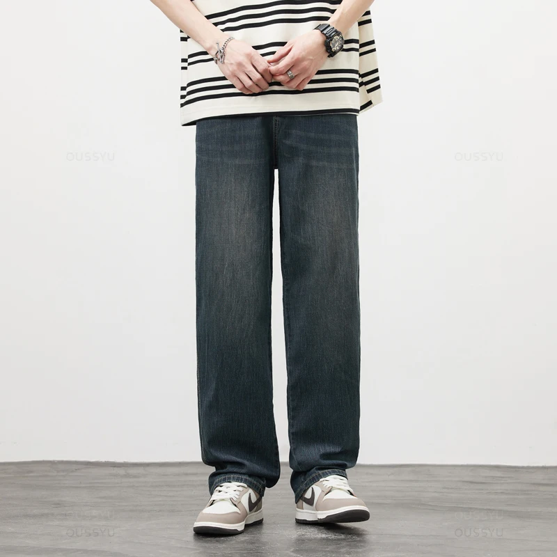 Lyocell Fabric Men's Cargo Jeans Denim Pants Trousers Loose Wide Leg Elastic Waist Casual Plus Size
