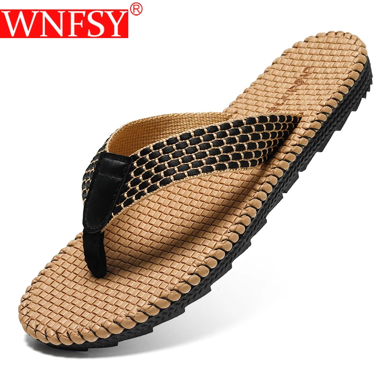 

Wnfsy Men Sandals Fashion Gingham Woven Tongs Flip Flops Lightweight Summer Soft-soled Beach Slippers Men Non-slip Casual Shoe