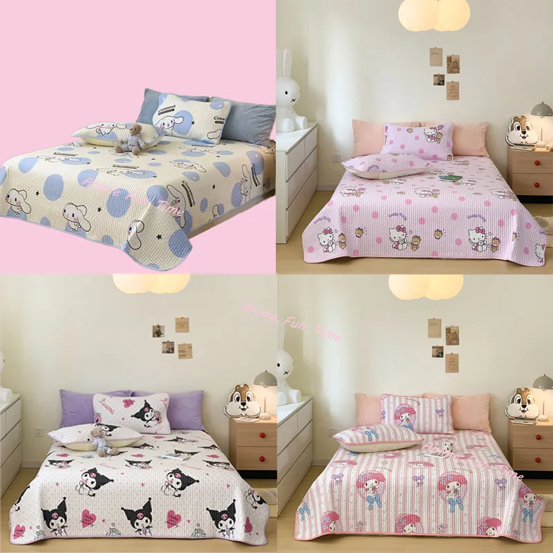 

Kawaii Hello Kitty Cinnamoroll Sanrio Bed Cover Pillowcase Set My Melody Kuromi Mattress Bedspread Bed Sheet Bedding Girls Gift