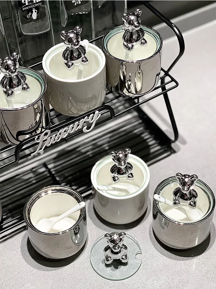 Deluxe Silver Seasoning Pot Set for Home Kitchen Ceramic Salt Jar