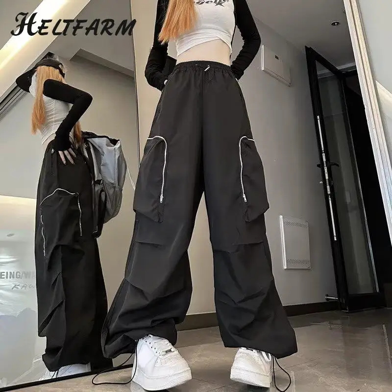 

Fashion Black Cargo Pants Women Y2k Oversized Pockets Wide Leg Trousers Harajuku Zipper