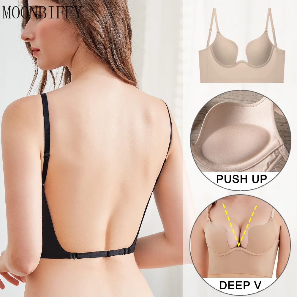 Push Up Bra Backless Women Bras Low Cut Sexy Plunge Brassiere Open Back Wedding Underwear Invisible Seamless Deep U Lingerie push up bra backless women bras low cut sexy plunge brassiere open back wedding underwear invisible seamless deep u lingerie