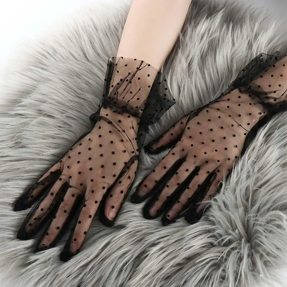 

Short Mesh Cycling Full Finger Stretchy Driving Korean Style Women Lace Gloves Polka Dot Gloves Lace Gloves