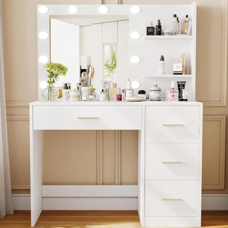 

Makeup Vanity Table with Lighted Mirror, Makeup Vanity Desk with Storage Shelf and 4 Drawers, Bedroom Dressing Table