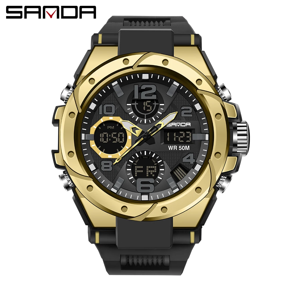 SANDA  Luxury Colorful Dual Display Quartz Watch Waterproof Sports Luminous Chronograph Multi-function Men's Watch Мужские часы 