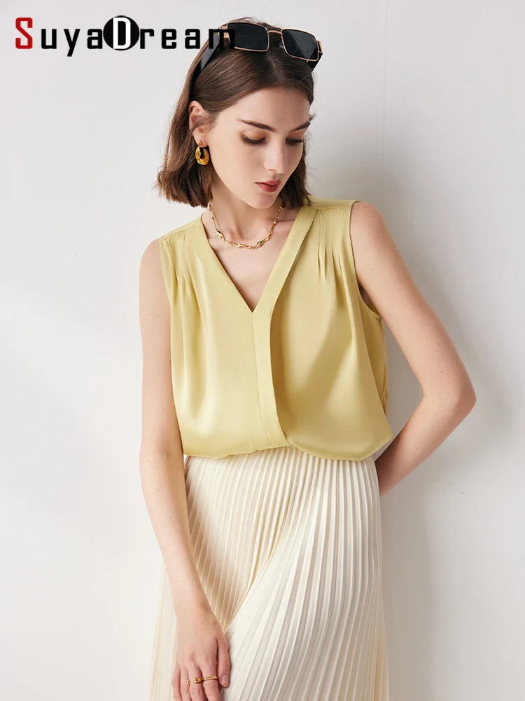 SuyaDream Women Solid Blouses 90%Silk 10%Spandex O Neck Plain Sleeveless Chic Blouse Shirt 2023 Summer Elegant Top Yellow Blue