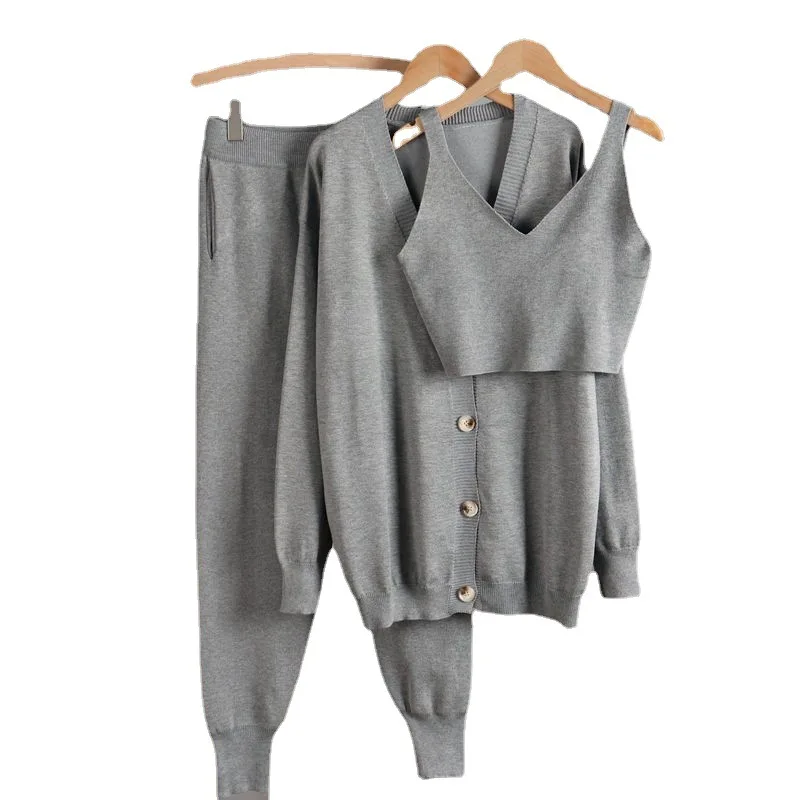 Knitted Suit Women's Retro 3 Piece Set Casual Tracksuit Outfits Cardigan Jacket + Short Vest + Harlan Pants Suit Autumn Winter