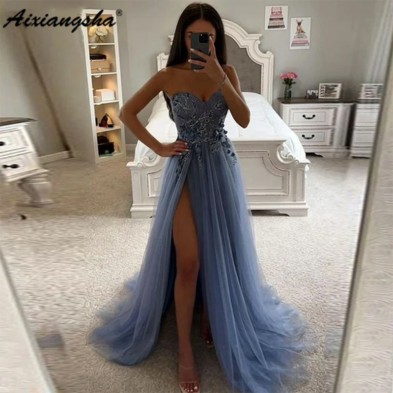 

Aixiangsha High Side Split Beach Prom Dress 2023 Sweetheart Tulle Lace Appliques Evening Gown Formal Party Dress Engagement Gown