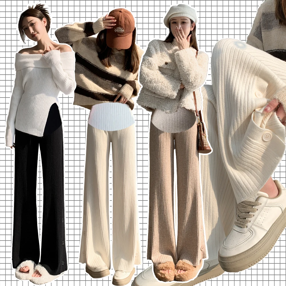 2024 Spring Japanese Style Maternity Woolen Trousers Side Split Button Fly Pregnant Woman Straight Pants Pregnancy Knitted Pants 4