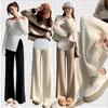 2024 Spring Japanese Style Maternity Woolen Trousers Side Split Button Fly Pregnant Woman Straight Pants Pregnancy Knitted Pants 4