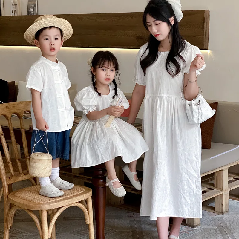 

Matching Clothes for The Whole Family 2024 Summer New Chinese Style Mother Daughter White Dress Father Son Children Shirts Tops