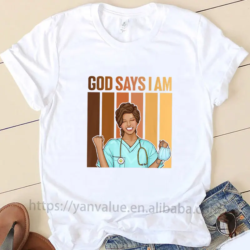

Summer Melanin Graphic Black Nurse Practitioner Strong Afro African T-Shirt Customize Logo Cotton Print T Shirts For Women