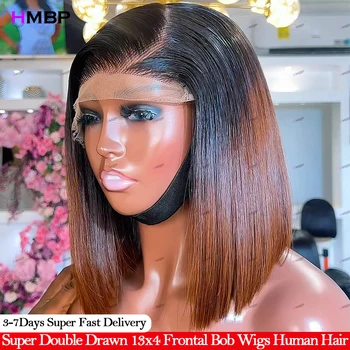Highlight Vietnamese Super Double Drawn Bob Wigs Human Hair Chocolate Brown 13x6 Lace Frontal Wig 350 Density 100% Human Hair 1