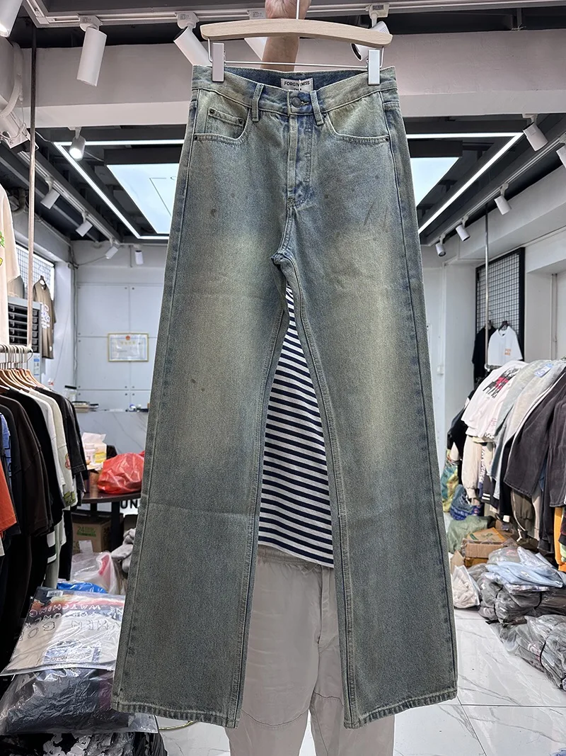 

Muddy yellow splash ink wash worn straight leg wide-leg jeans casual pants