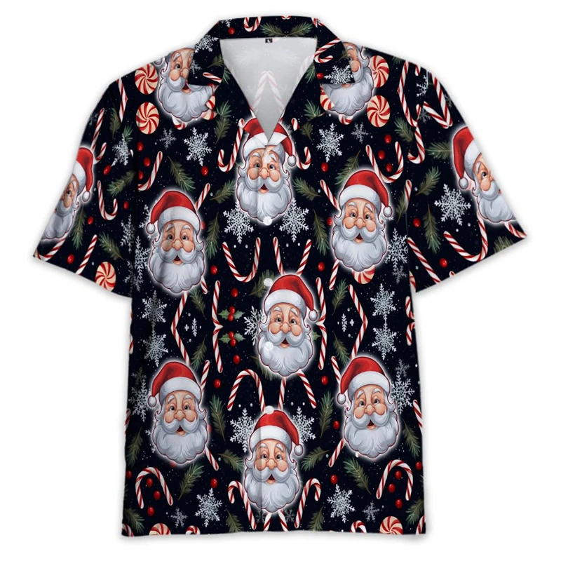 New Santa Claus Hawaiian Shirt For Men Clothes Funny Christmas Beach Mens Button Up Shirts Short Sleeve Xmas Gifts Blouses