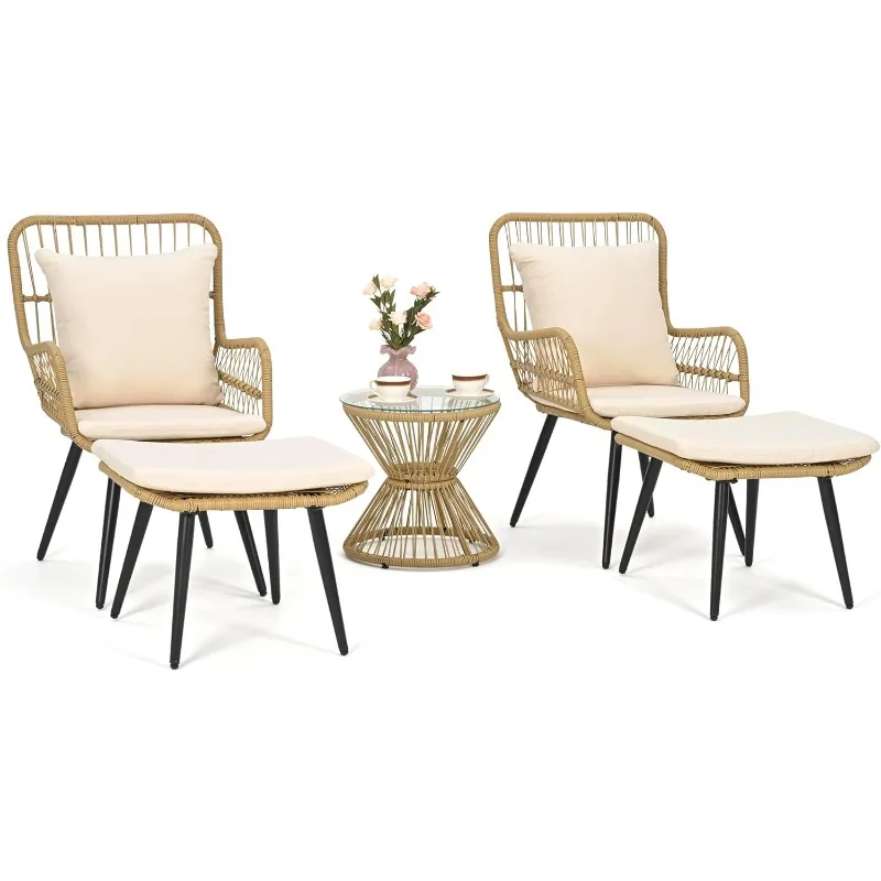 

Outdoor Patio Bistro Set with Ottoman 5 Piece Rattan Wicker Conversation Chair Sets Balcony Furniture Chairs for Yard Garden