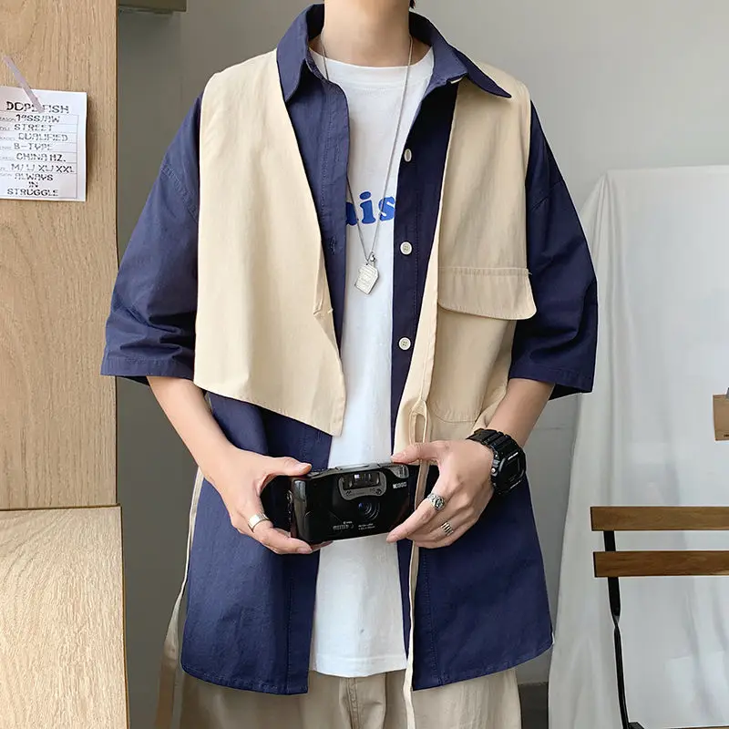 2024 New Summer Men's Fashion Trend Personalized Loose Casual Oversize Japanese Holiday Two-piece Patchwork Medium Sleeved Shirt