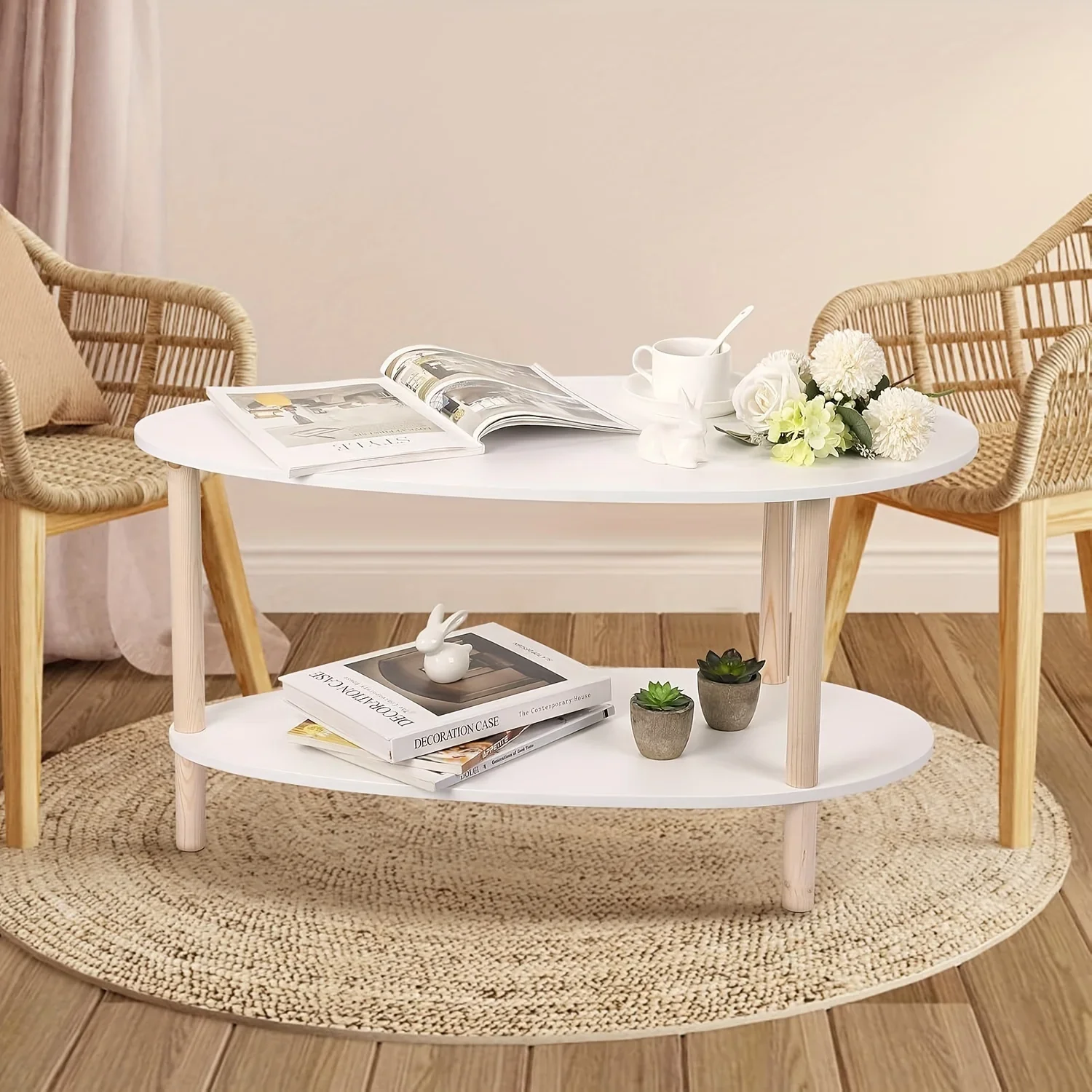 Oval Coffee Table, Small Wood Coffee Table For Living Room,