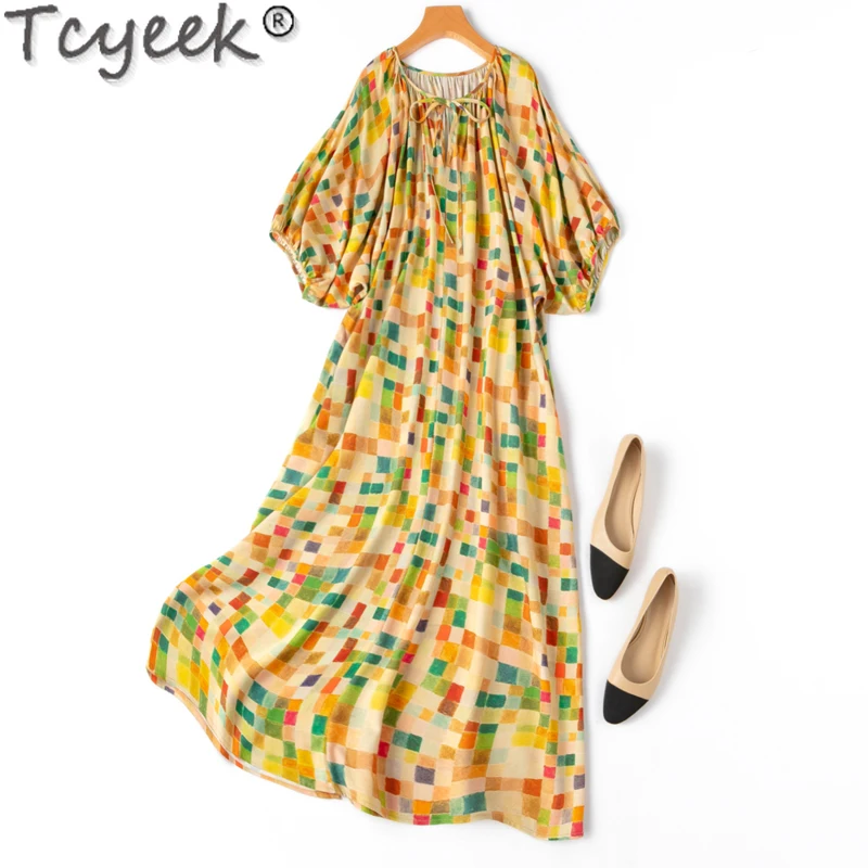 

Tcyeek 70% Mulberry Silk Woman Dress Elegant Dresses for Women Clothes Plaid Spring Summer Dress 2024 Loose Waist Vestido Mujer