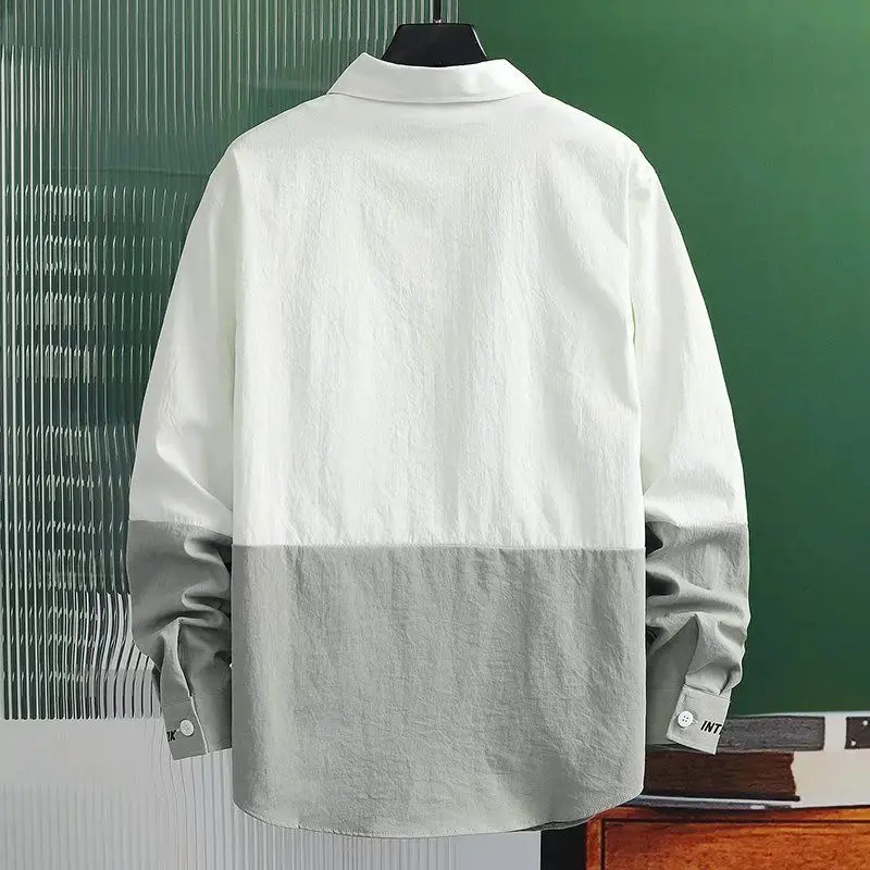 Spring Autumn Japanese Style Casual Fashion Patchwork Long Sleeve Shirt Male Polo-neck Loose All-match Cardigan Top Men Blouse