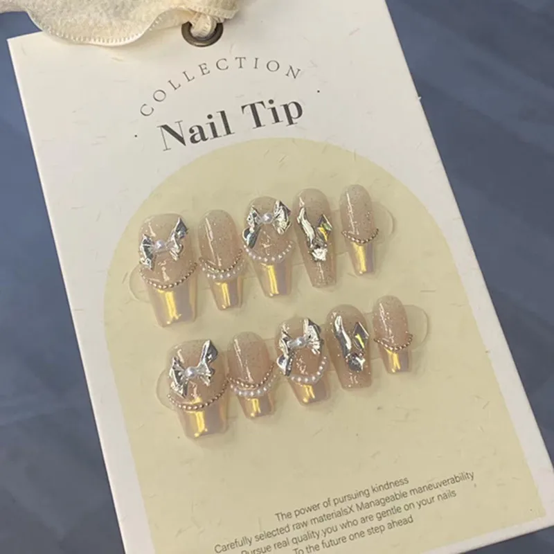 

10 Pcs Wearing False Nails Fake Nails Pure Handmade 【White Aurora】 Complimentary Nail Enhancement Kit