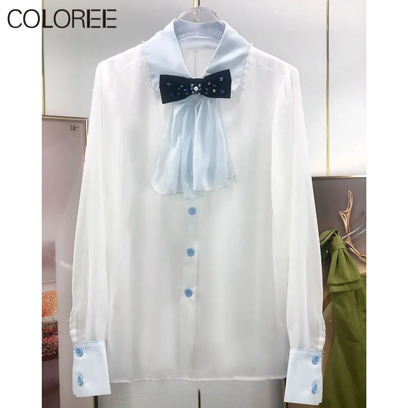 

Luxury Beading Bow Blusas Mujer De Moda 2023 Autumn Elegant Long Sleeve Chiffon Womens Tops and Blouses White Shirt Femme