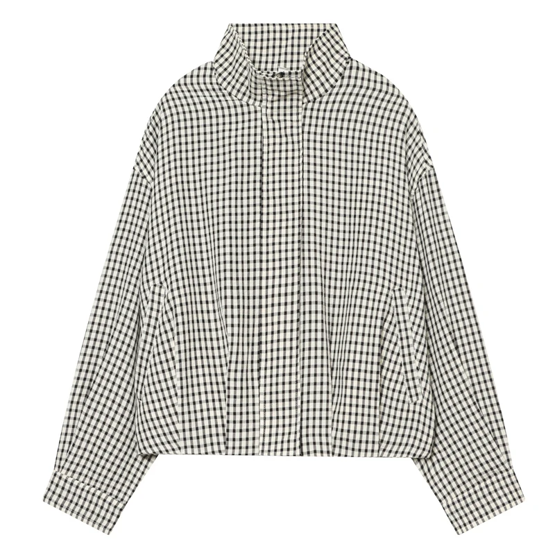 Jaquetas Femininas com Gola Alta e Zíper, Casaco Cropped Preto e Branco com Estampa Xadrez, Jaqueta Casual de Manga Longa com Corte Solto 2026
