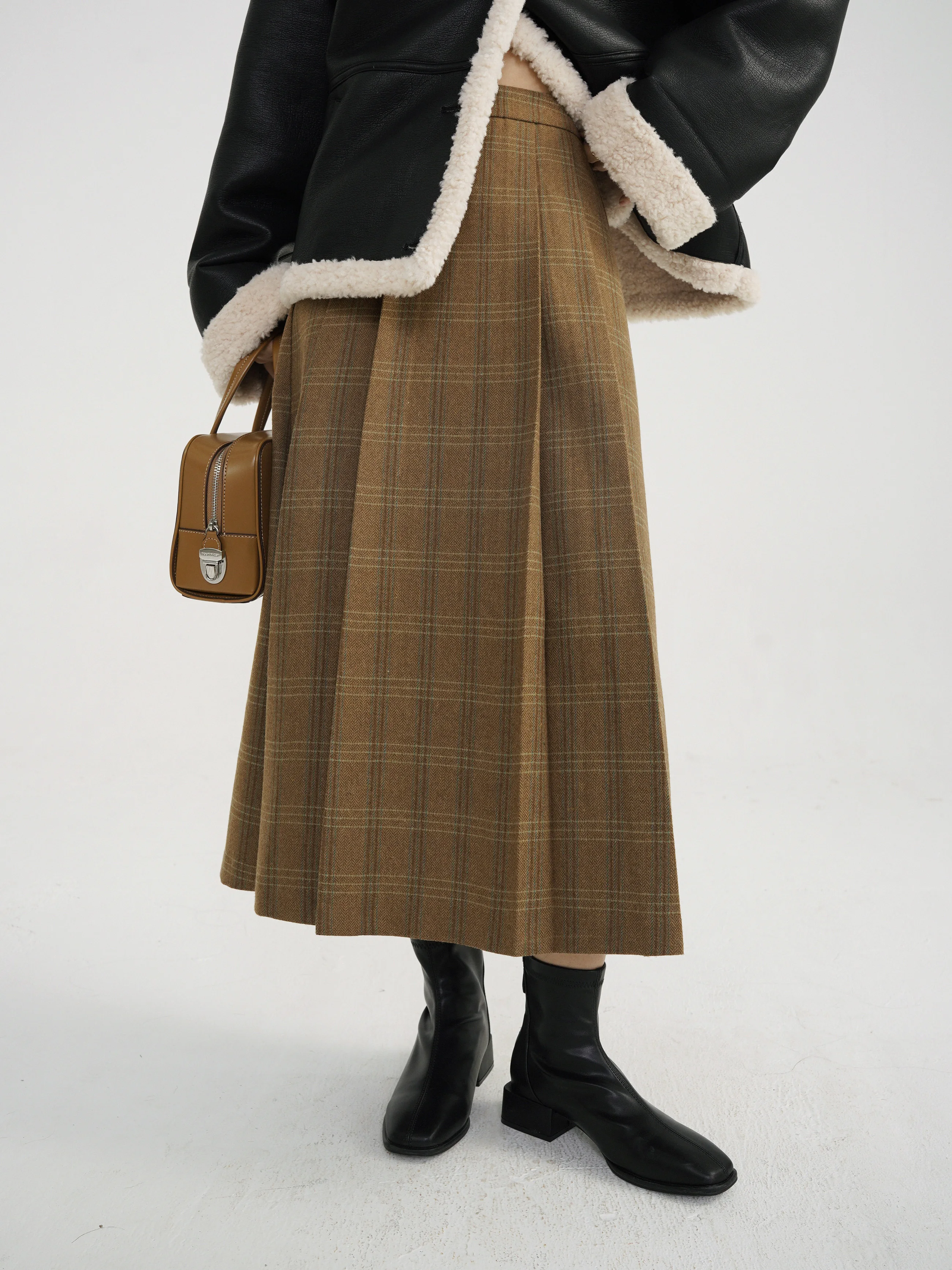 Women Vintage Plaid Wool High-Waisted Skirt Retro Color-Blocked