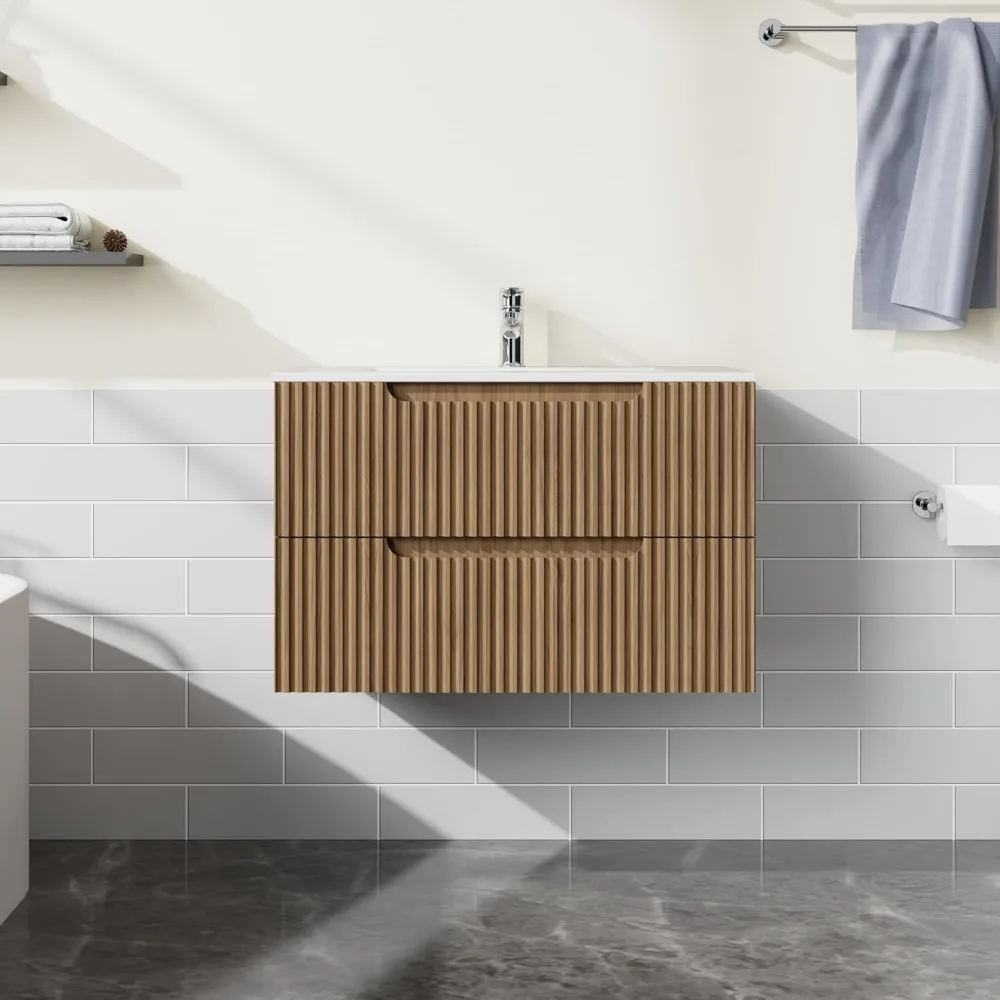 30” Wall Mounted Bathroom Vanity with Sink Floating Bathroom Cabinet Sink Combo, Soft-Close System, 2 Extra Big Drawers, Walnut 2