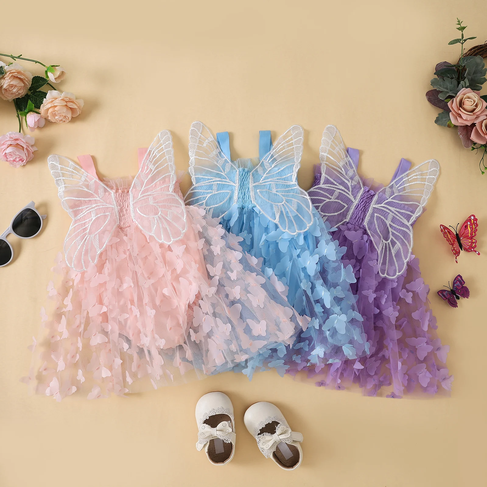 

0-24M Cute Infant Baby Girls Princess Romper Dress Sleeveless Pleated Butterfly Tulle Patchwork A-line Bodysuit Dress for Party