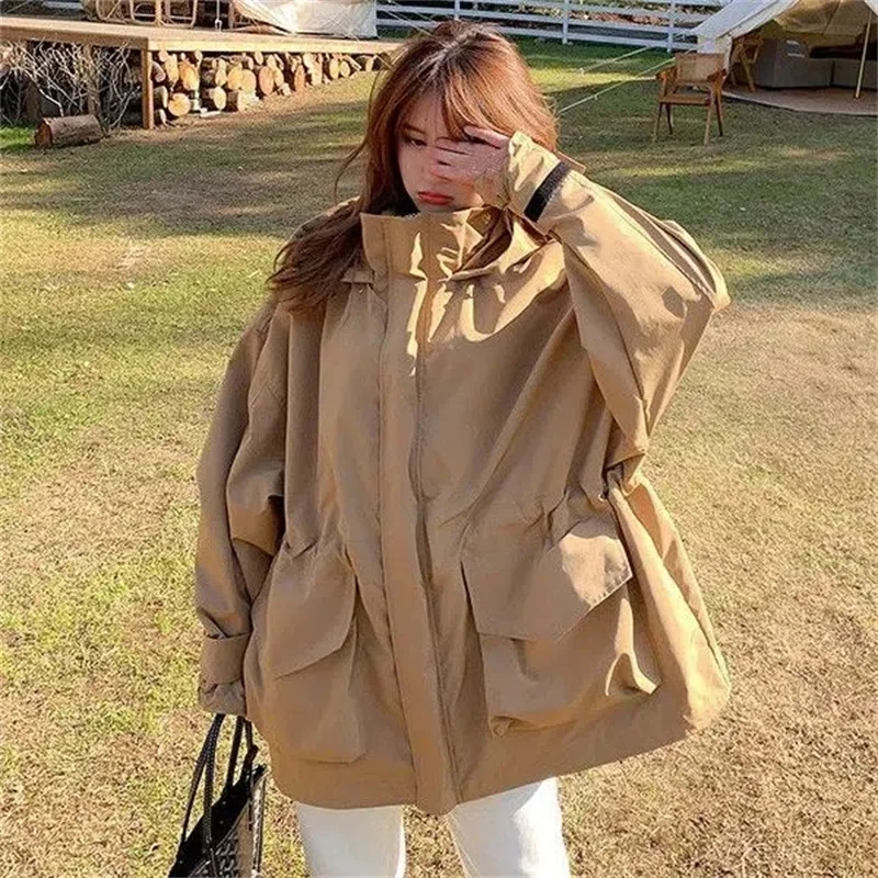 Tooling Trench Coat Female 2022 Spring and Autumn Long BF Hong Kong Style Korean Version Loose Casual Hooded Charge Clothes X483