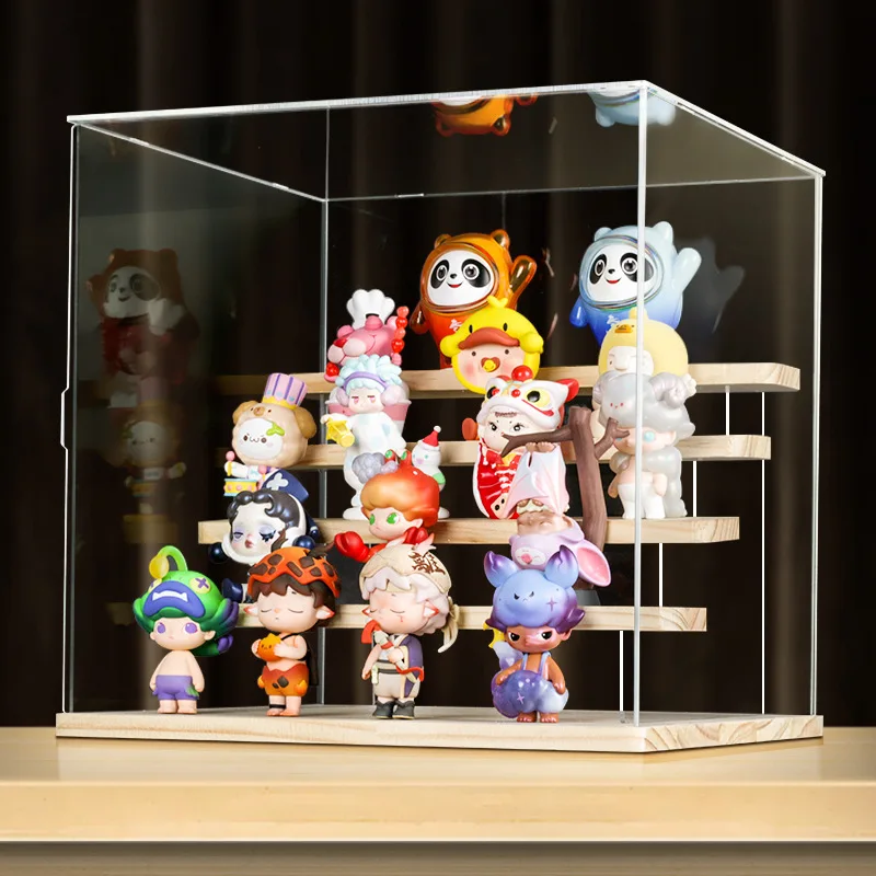 

Acrylic Display Box With Wood Shelf Storage For Lego Hand-Made Doll Model Transparent Dust-Proof Cabinet Acrylic Organizer Case