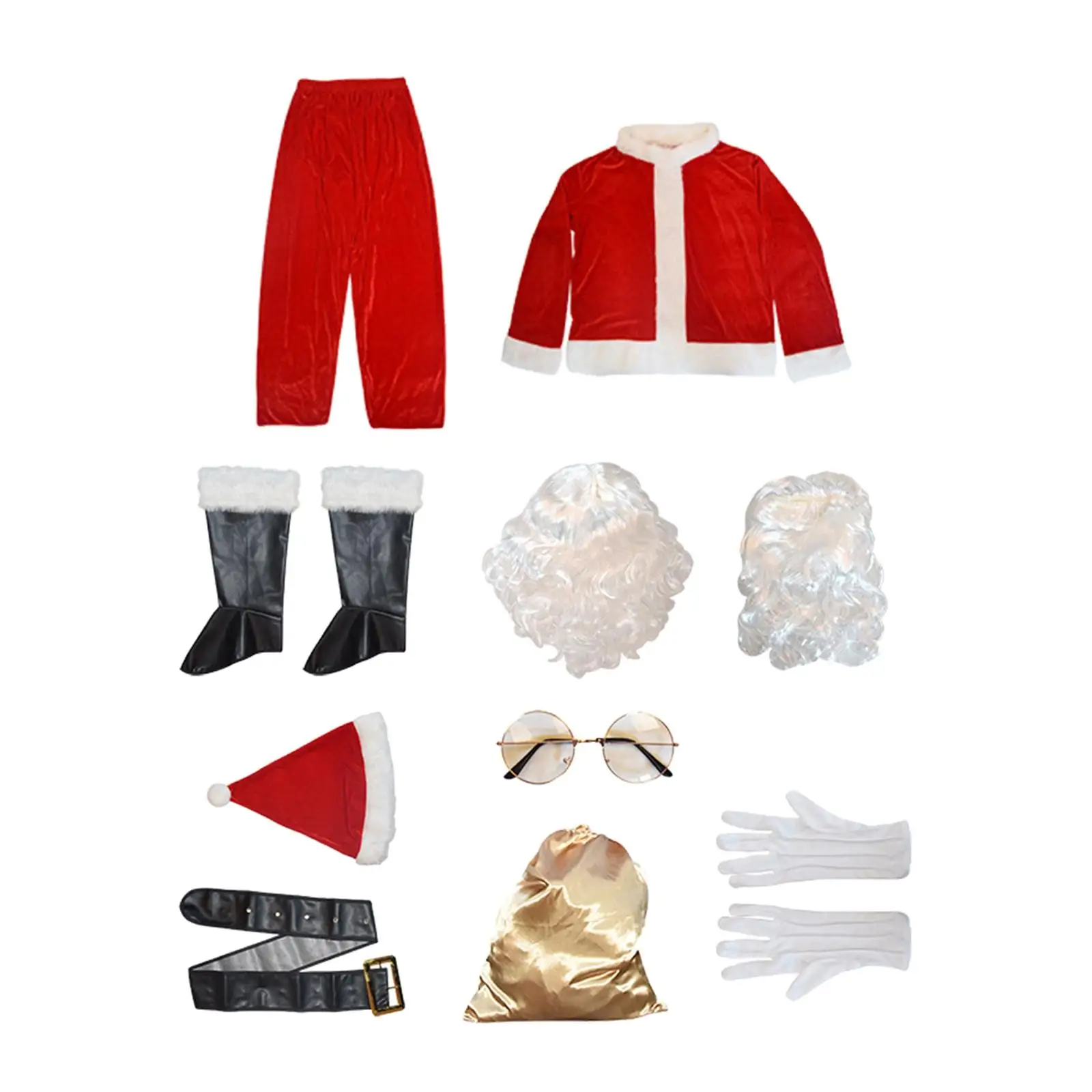 

10Pcs Santa Claus Costume Wig Glasses Xmas suits Set Christmas Clause Outfit for Holidays Xmas Clothing Accessory Carnival Party